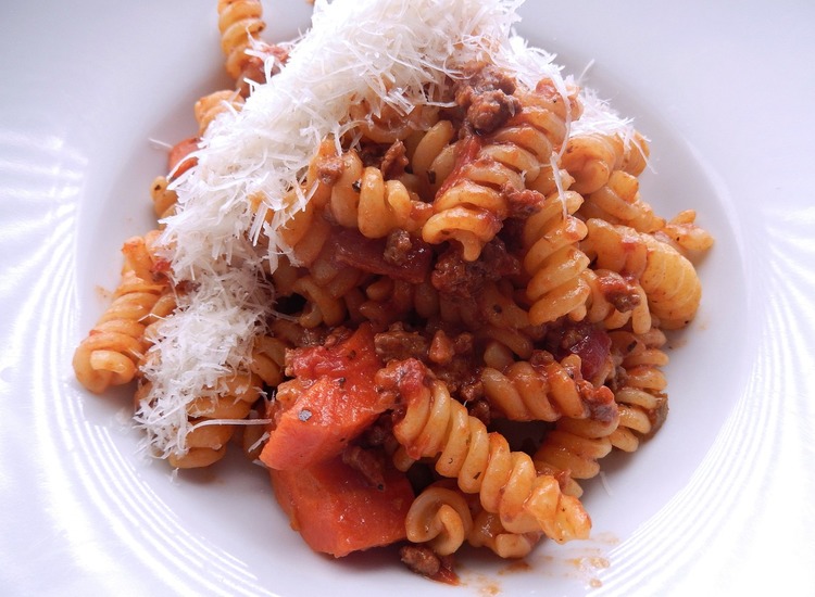 Ground Beef Ragu with Fusilli, Onions and Cheese