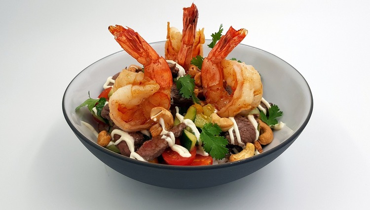 Beef Recipe - Surf and Turf Poke Bowl with Beef Strips and Shrimp